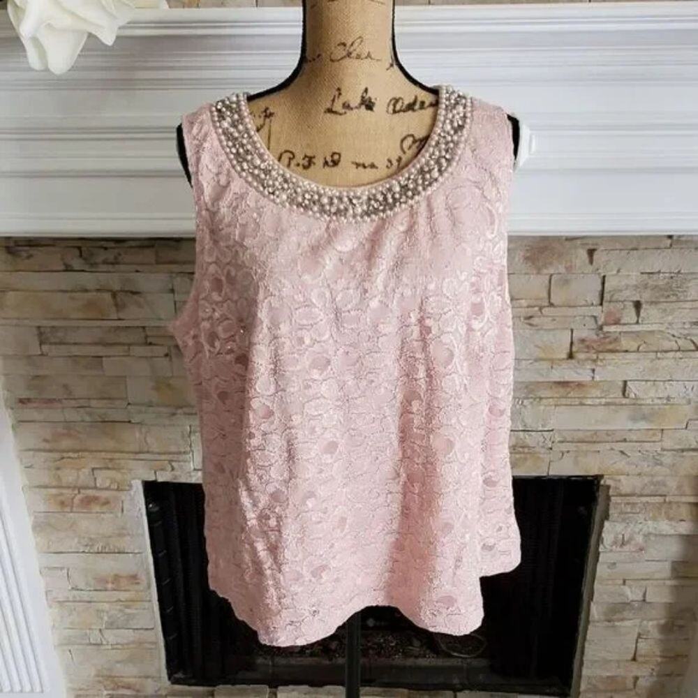R&M RICHARD'S faux pearl and crystal beaded lace top plus size‎ 20W